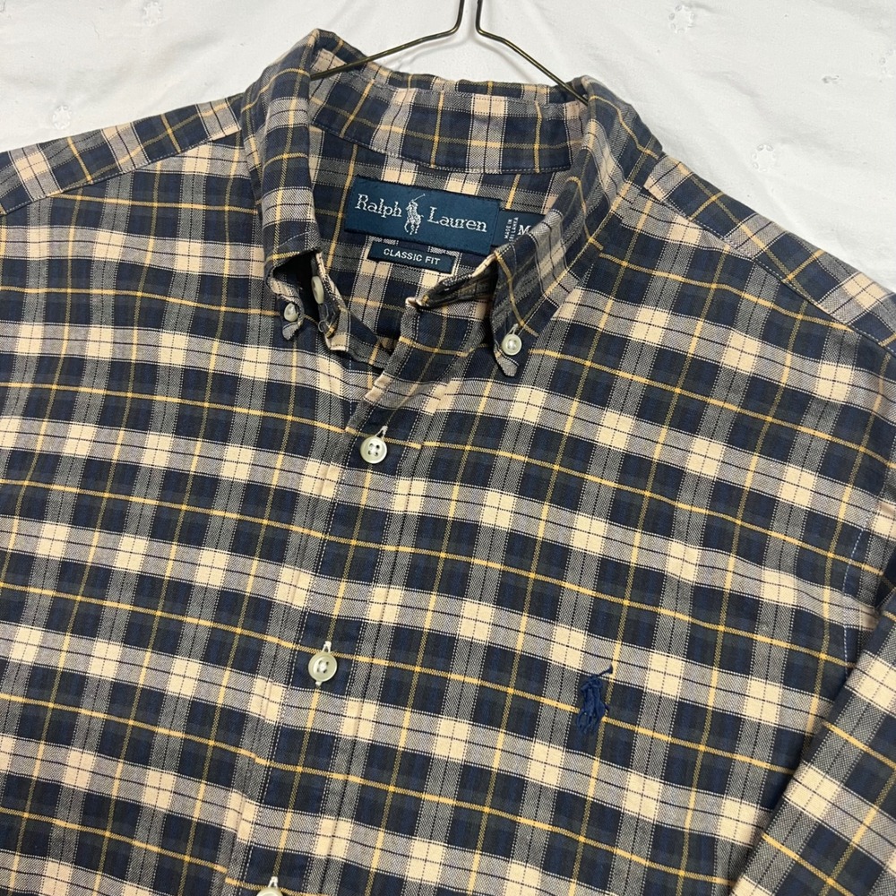 Ralph Lauren Mens Classic Fit Plaid Button Down Shirt Navy Tan Yellow Size M